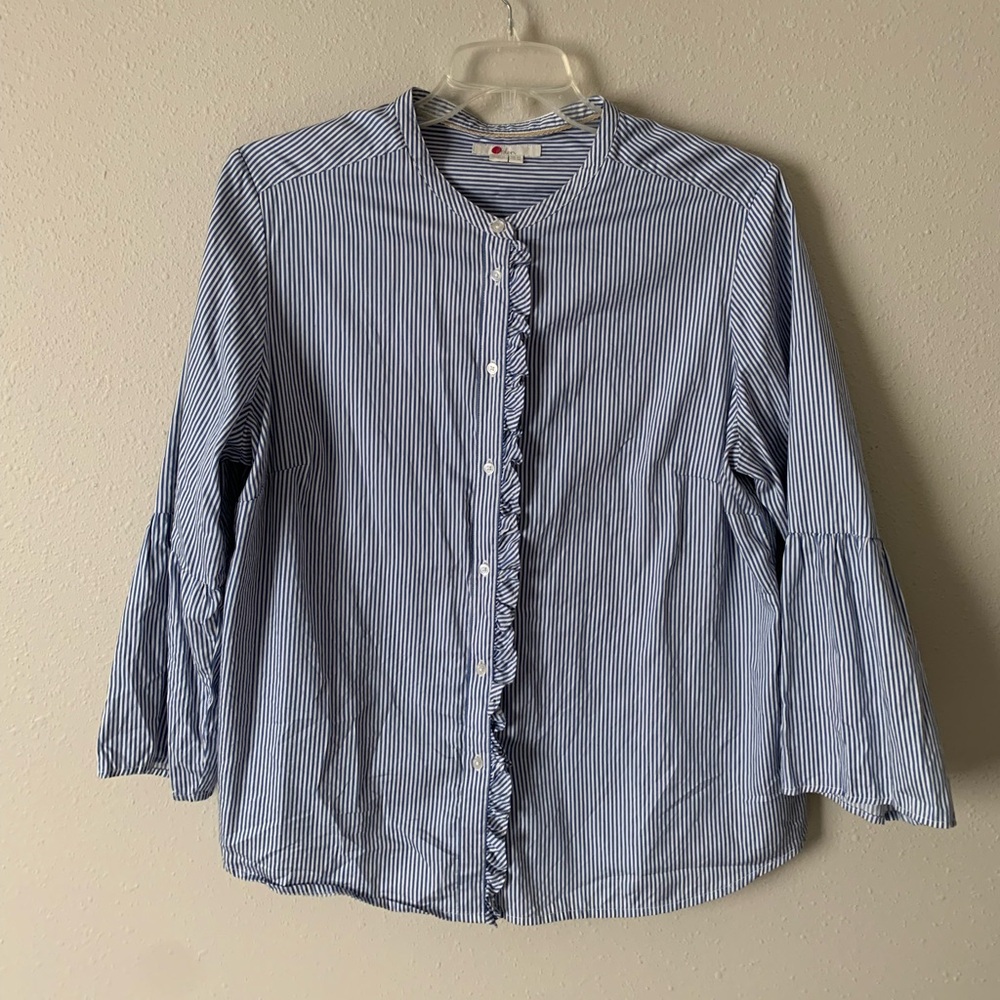 Boden Blue Striped Button Down Shirt with full flowing arms after elbow